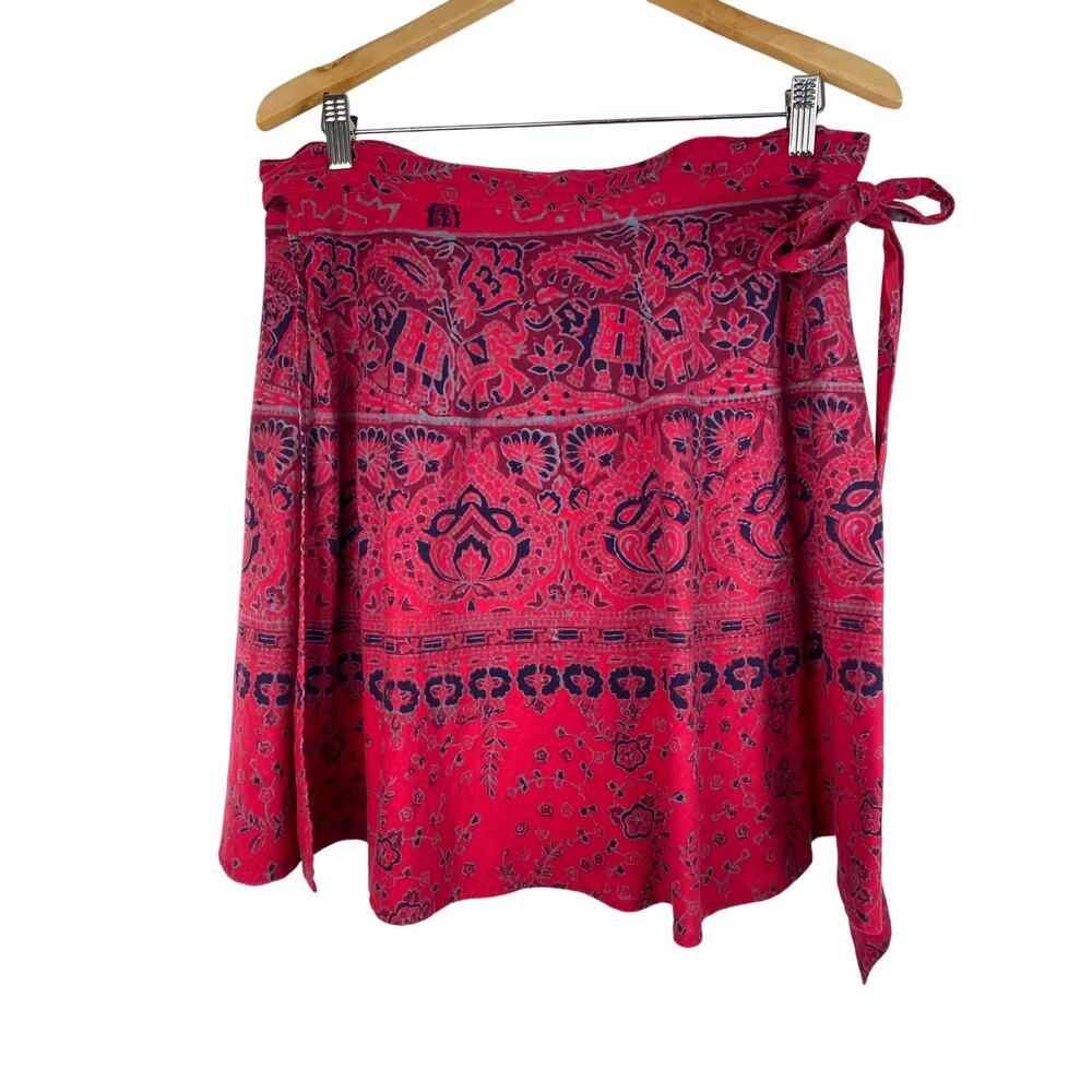 Henna Women's One Size Red Gray Black 100% Cotton Elephant Boho Wrap Skirt *